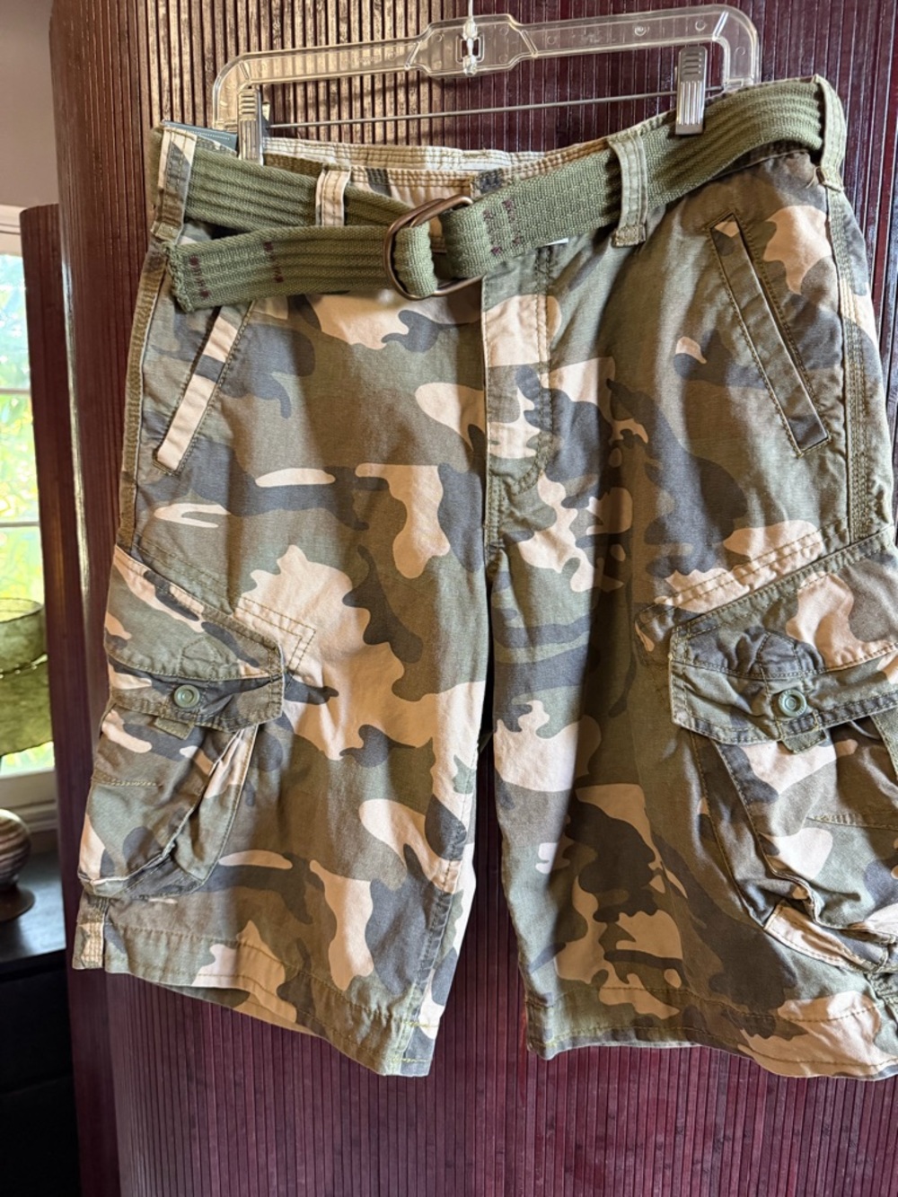 Men's Camouflage Cargo Shorts with Olive Web Belt - Picture 2 of 5